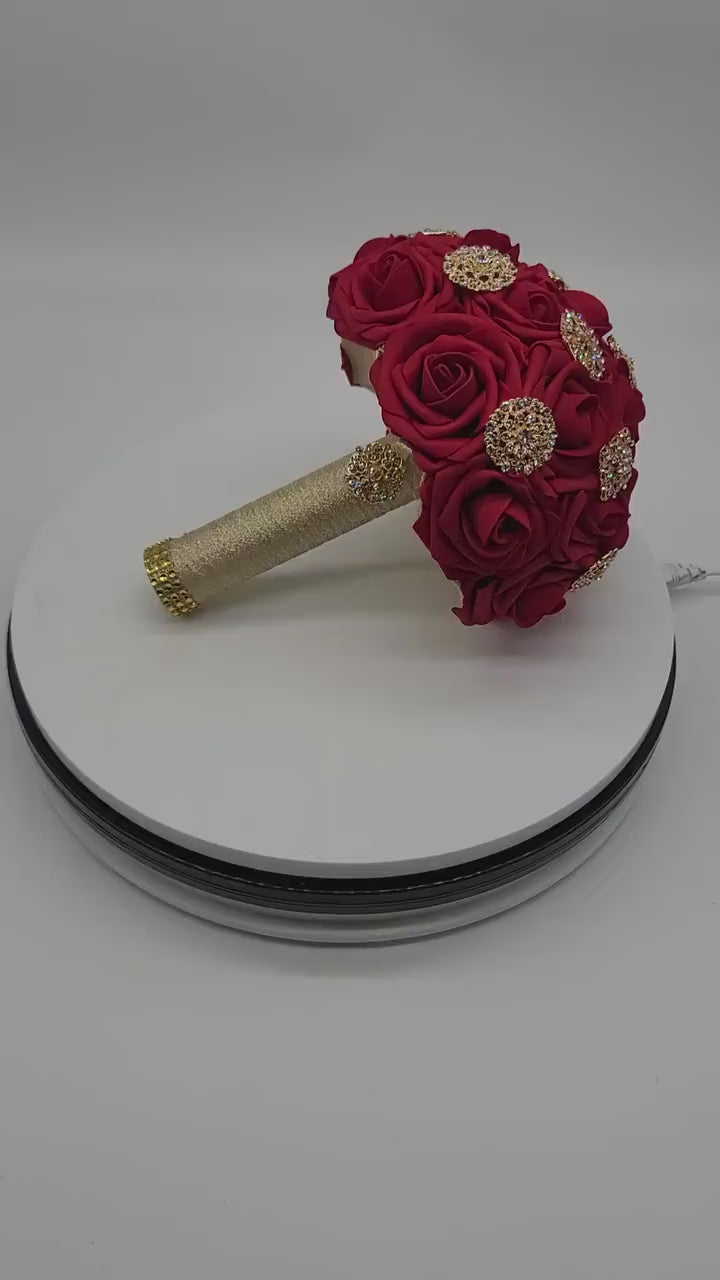 Red and Gold Brooch Bouquet or Bridesmaid Bouquet, Available in 27 colors,Matching Boutonnieres And Corsages available