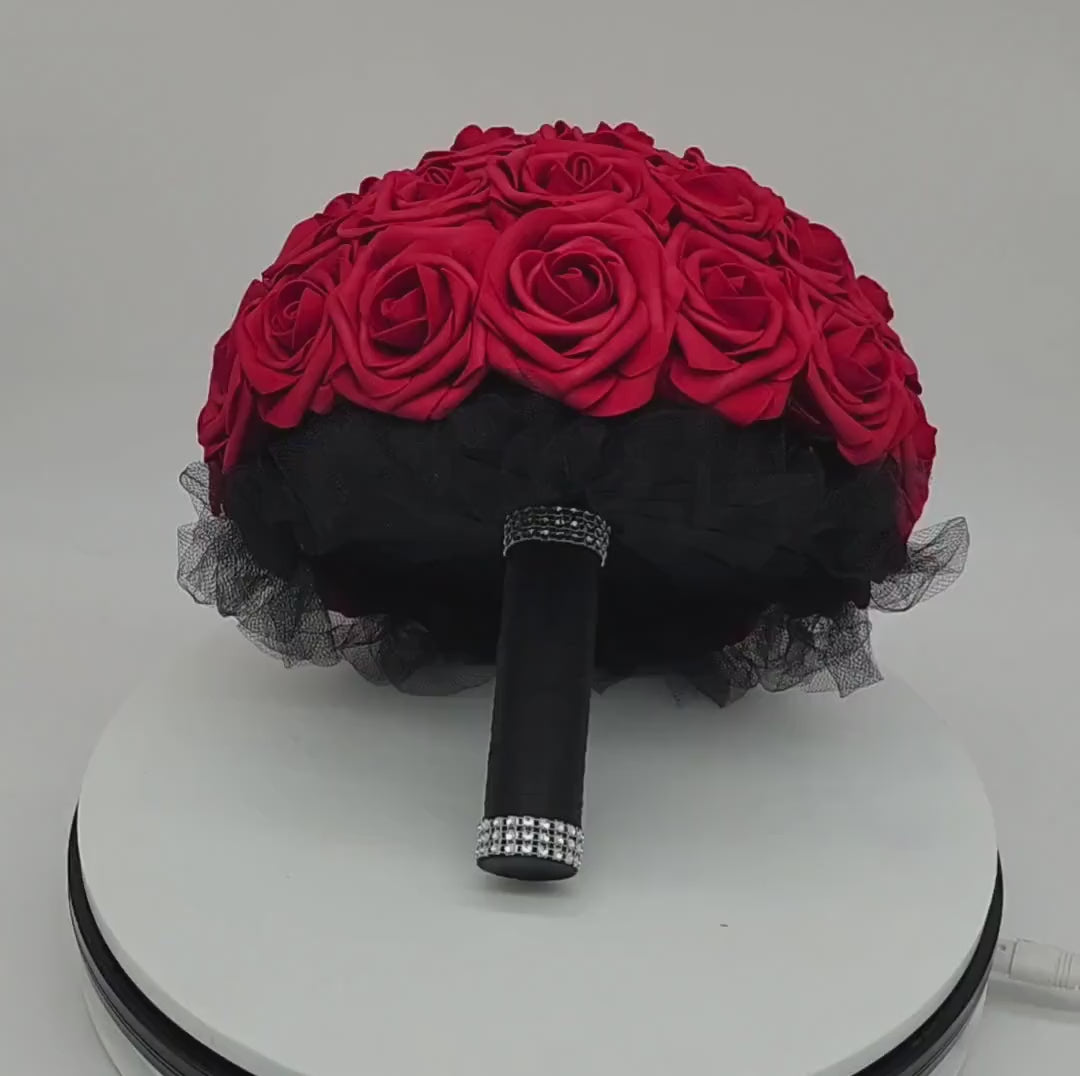 Alternative Red and Black Wedding Bouquet- Red Bridal Bouquet, Red Bridesmaid-Toss Bouquet- Matching Boutonniere and Corsage-Winter Wedding