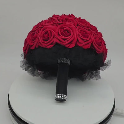 Alternative Red and Black Wedding Bouquet- Red Bridal Bouquet, Red Bridesmaid-Toss Bouquet- Matching Boutonniere and Corsage-Winter Wedding