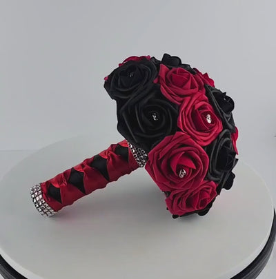 Gothic Skull Red and Black Weddng Bouquet, Bridal Bouquet, Bridesmaid Bouquet, Matching Corsages and Boutonnieres, Halloween Wedding