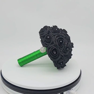Black and Emerald Green Wedding Bouquet Made w/Real Touch Roses, Bridal Bouquet, Bridesmaid Bouquet and Matching Boutonnieres and Corsages