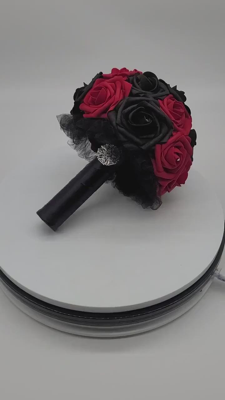 Red And Black Wedding Bouquet, Available in Bridal, Bridesmaid, and Toss Bouquets-Matching Boutonnieres-Corsages