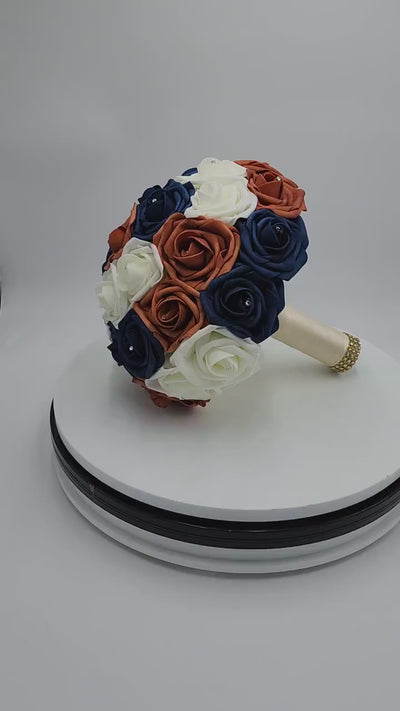 Ivory, Navy, & Burnt Orange Wedding Bouquet Made w/ Real Touch Roses, Bridal Bouquet, Bridesmaid Bouquet/ Matching Boutonniere and Corsages
