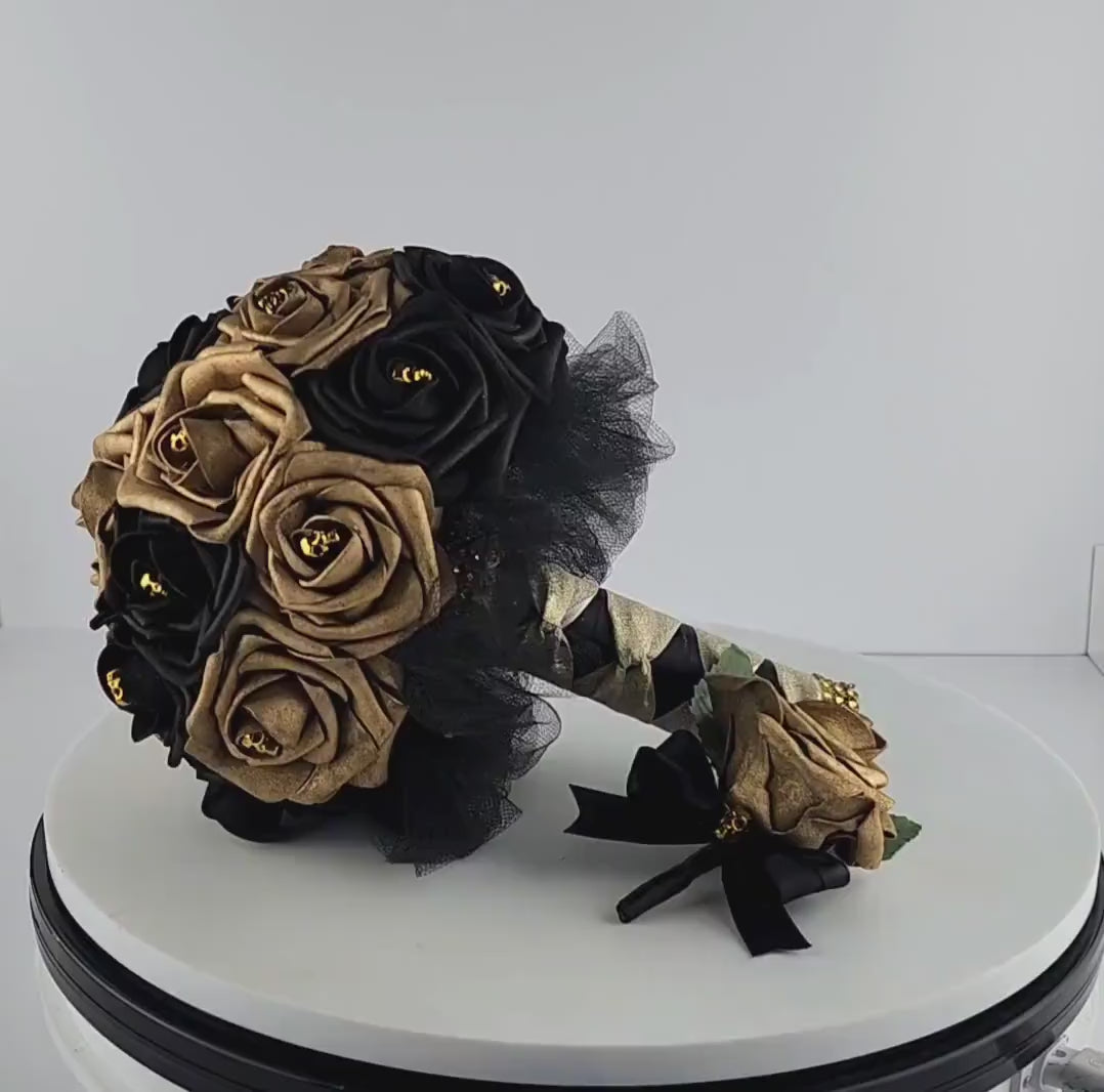Gothic Skull Black and Gold Wedding Bouquet, Bridal Bouquet, Bridesmaid Bouquet, Matching Corsages and Boutonnieres, Halloween Wedding