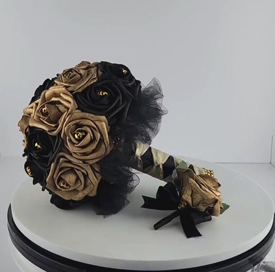 Gothic Skull Black and Gold Wedding Bouquet, Bridal Bouquet, Bridesmaid Bouquet, Matching Corsages and Boutonnieres, Halloween Wedding