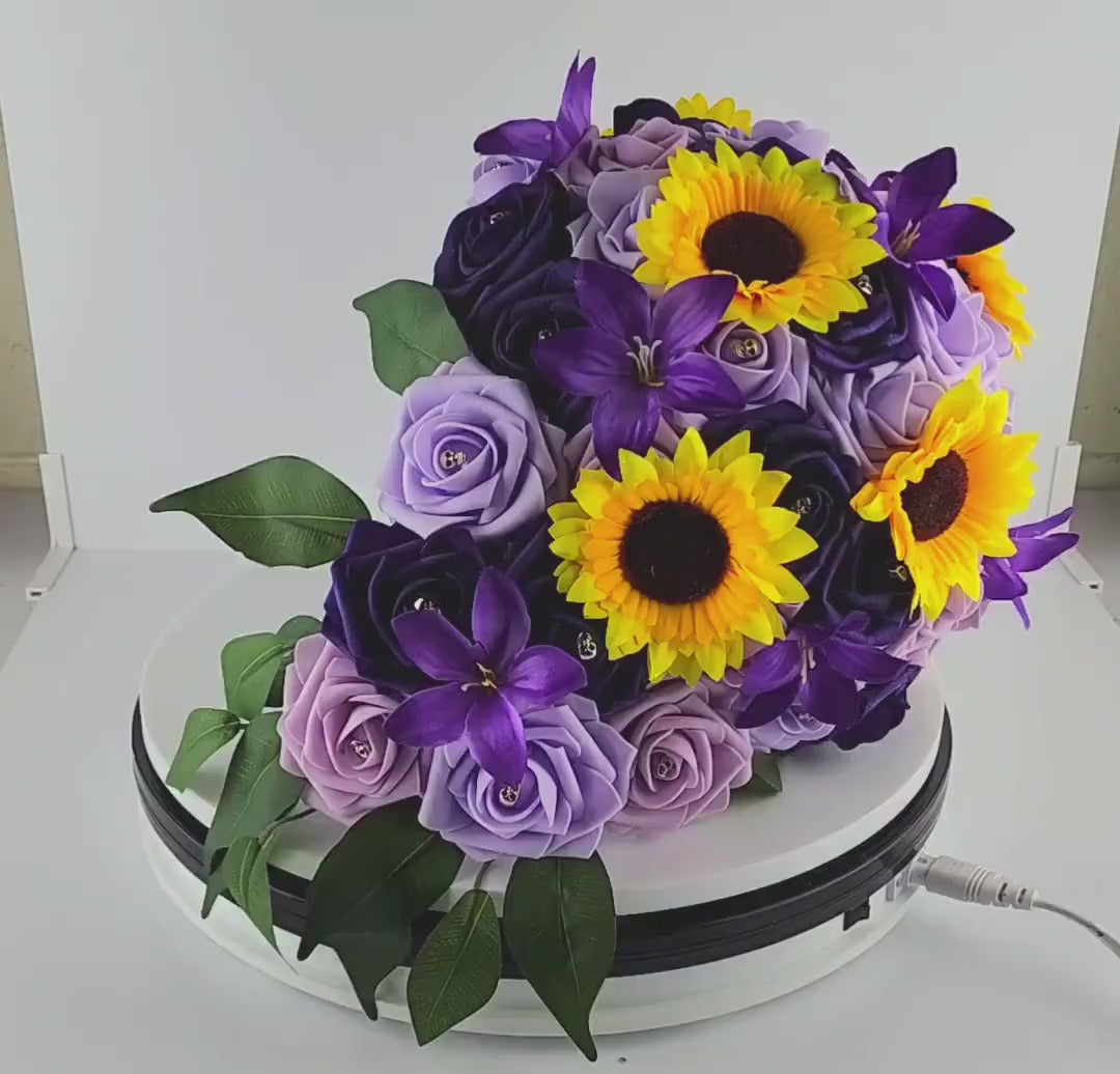 Gothic Skull Cascading Wedding Bouquet With Lilac, Lavender, and Dark Purple Roses, Lilies and Sunflowers.
