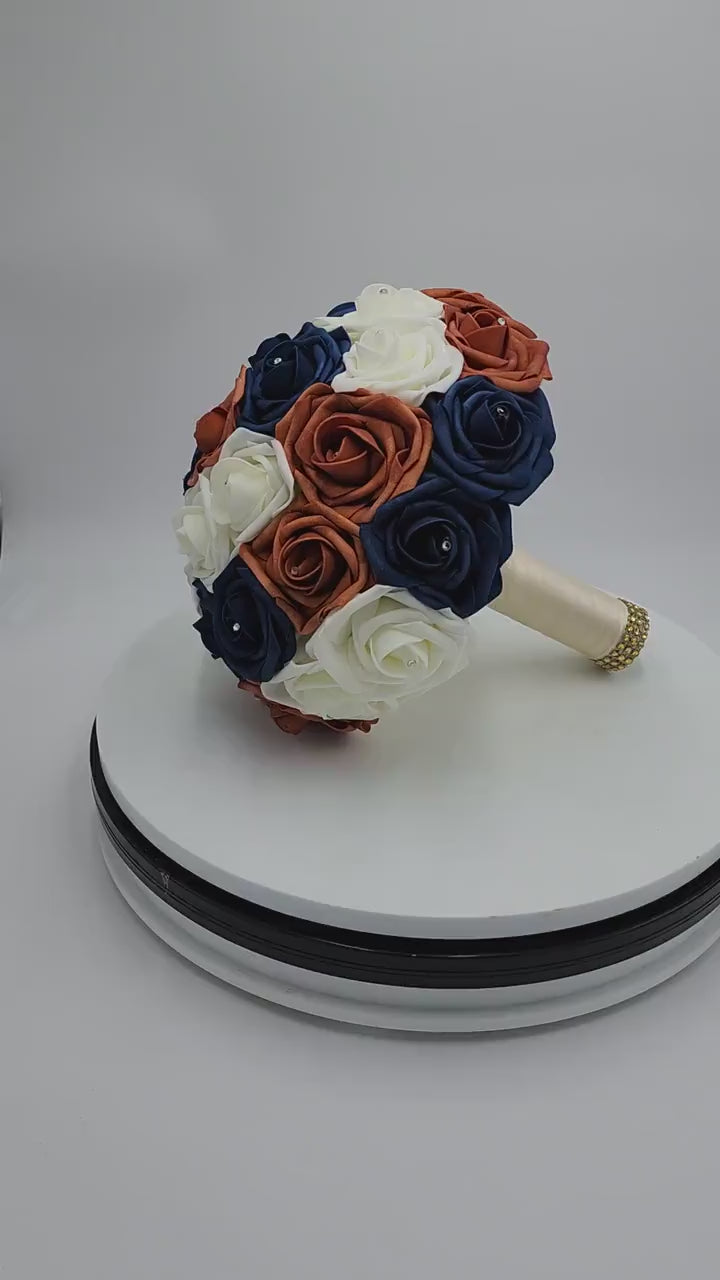Burnt orange, Navy, & White Wedding Bouquet Made with Real Touch Roses