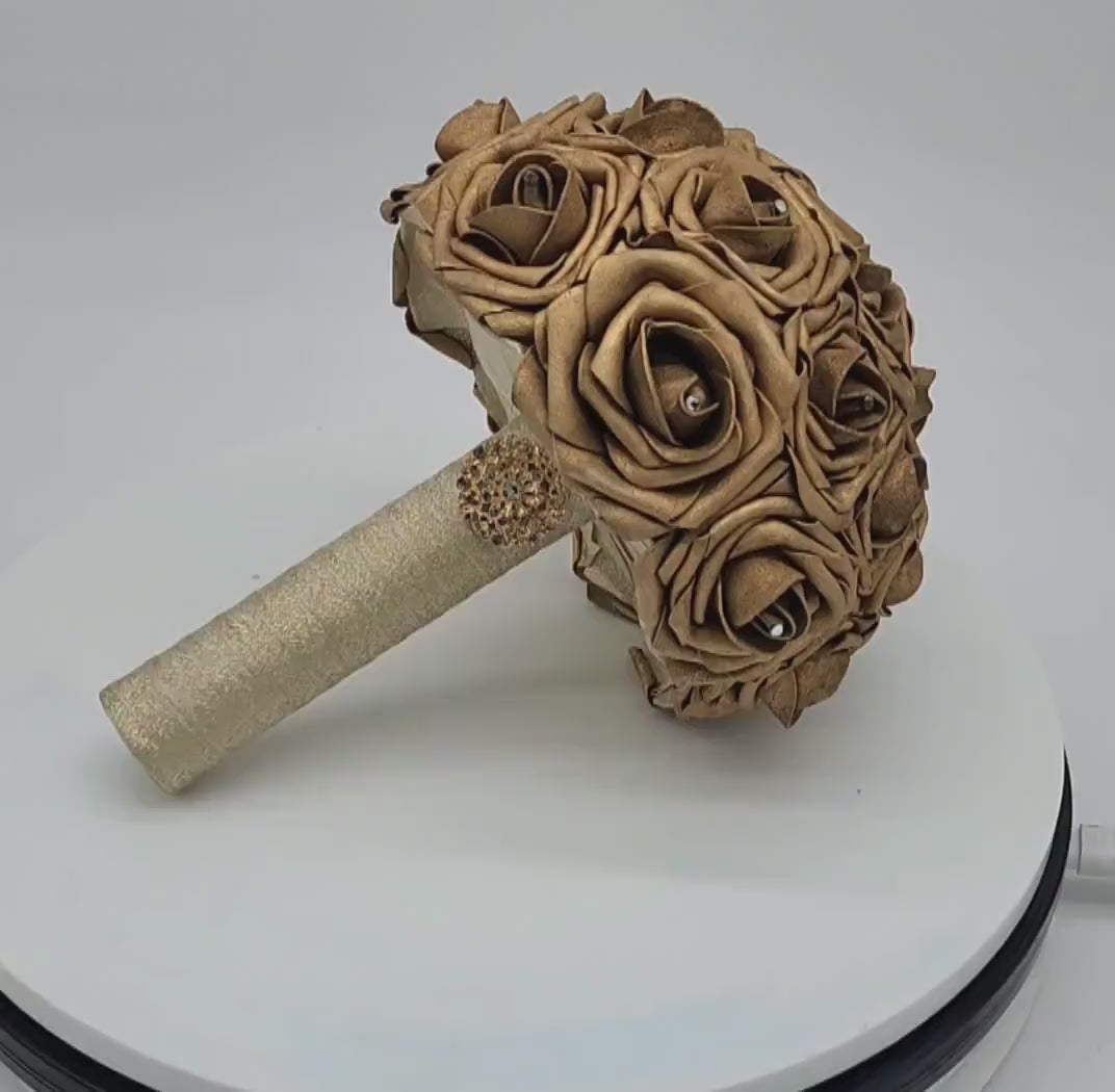 Gold Wedding Bouquet Made With Real Touch Roses, Bridal Bouquet, Bridesmaid Bouquet and Matching Boutonnieres and Corsages Available