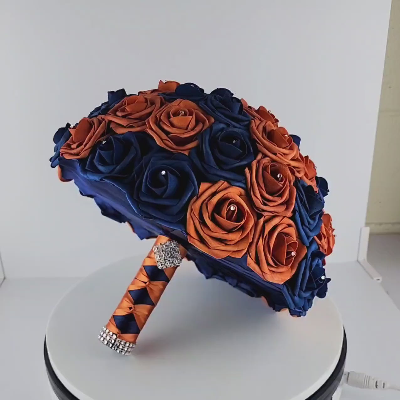 Burnt Orange and Navy Blue Bridal Bouquet Made with Real Touch Roses