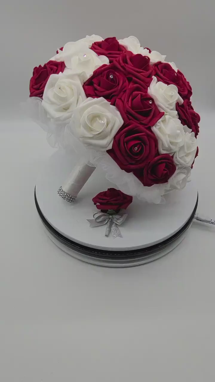 Red and White Real Touch Rose Wedding Bouquet, Bridal Bouquet, Bridesmaid Bouquet, Quinceañera Flowers, Matching Boutonniere & Corsage