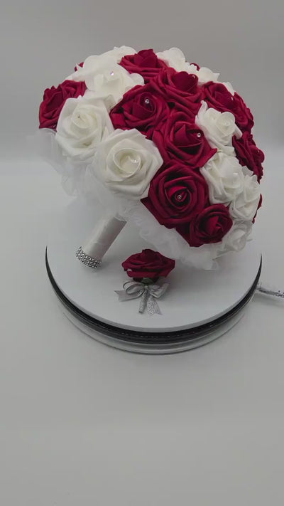 Red and White Real Touch Rose Wedding Bouquet, Bridal Bouquet, Bridesmaid Bouquet, Quinceañera Flowers, Matching Boutonniere & Corsage