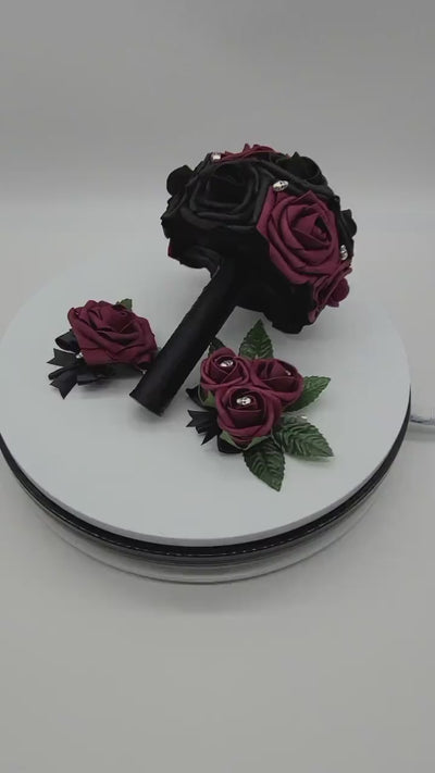 Gothic Burgundy And Black Skull Boutonnieres and Corsages, Gothic Wedding, Halloween, Matching Bouquets Available