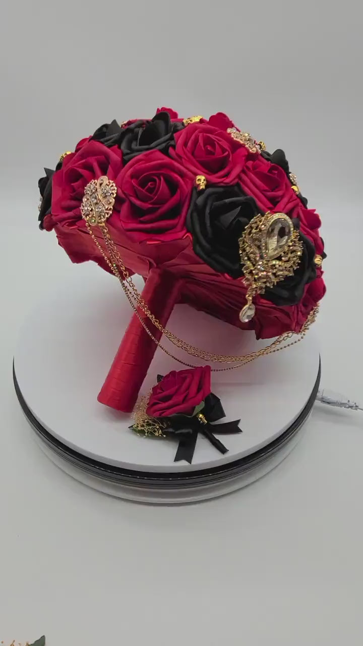 Black and Red Gothic Cascading Wedding Bouquet with Gold Skulls and Brooches