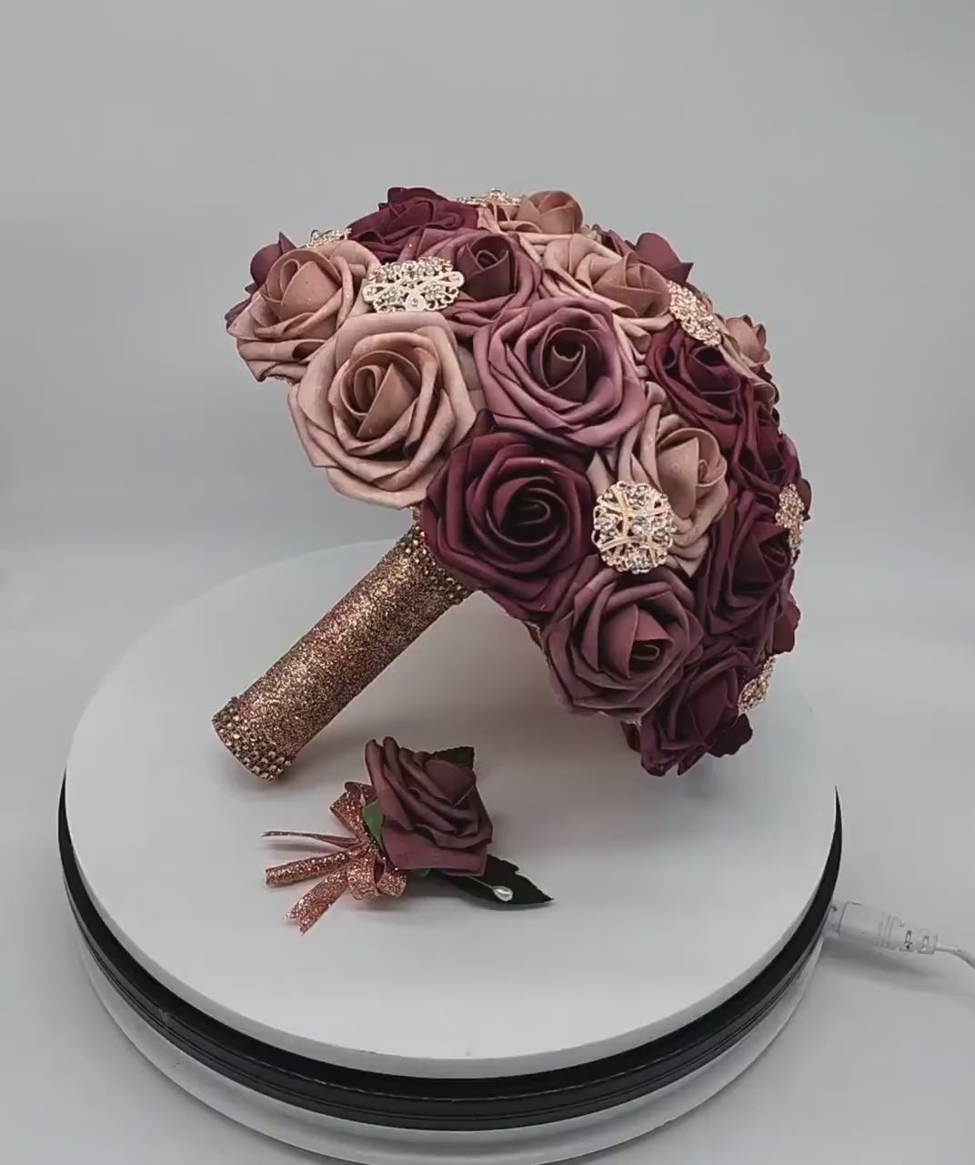 Burgundy, Mauve, and Dusty Rose Brooch Bridal Bouquet W/ Rose Gold Ribbon/Made With Real Touch roses/Bridesmaid Bouquet/Matching Boutonniere