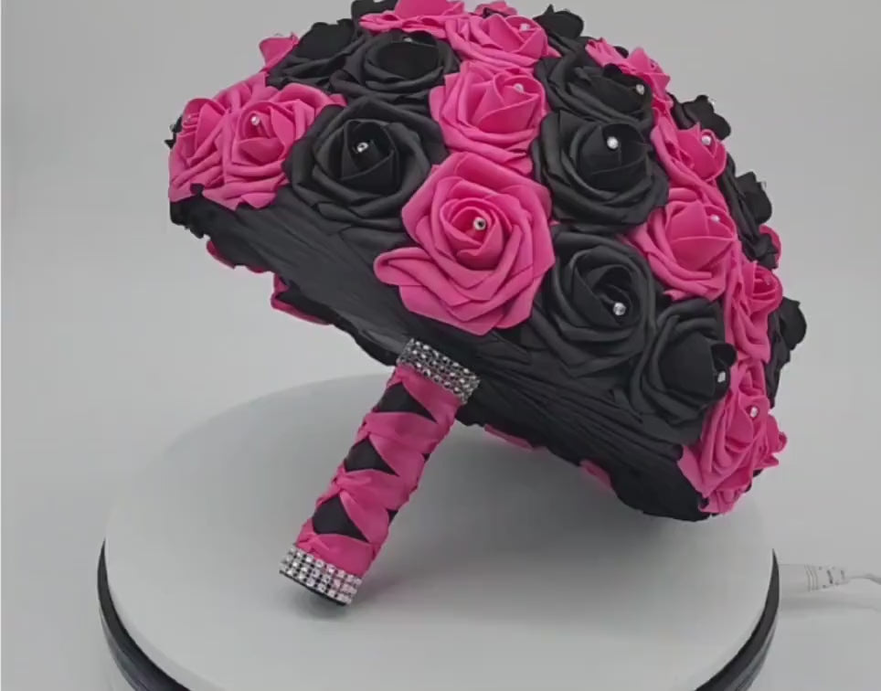 Hot Pink and Black Wedding Bouquet – Real Touch Roses, Modern Glam Bridal, Quinceañera & Prom-Custom Colors-Matching Boutonniere and Corsage