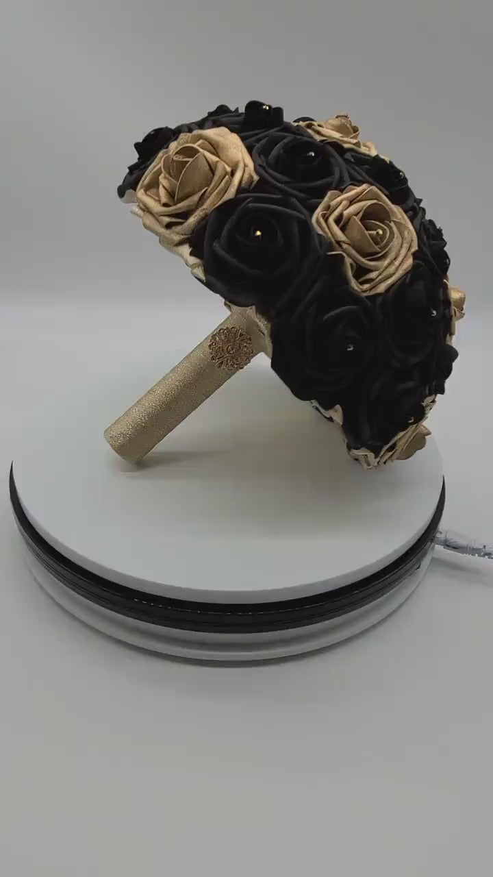 Black and Gold Wedding Bouquet Made With Real Touch Roses, Bridal Bouquet, Bridesmaid Bouquet and Matching Boutonnieres and Corsages