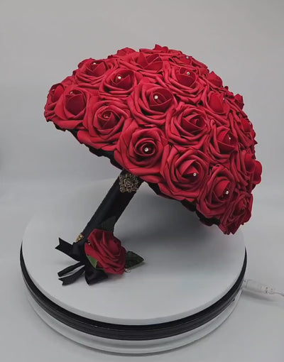Red And Black Wedding Bouquet, Bridal Bouquet, Bridesmaid Bouquet and Matching Boutonniere and Corsages Available