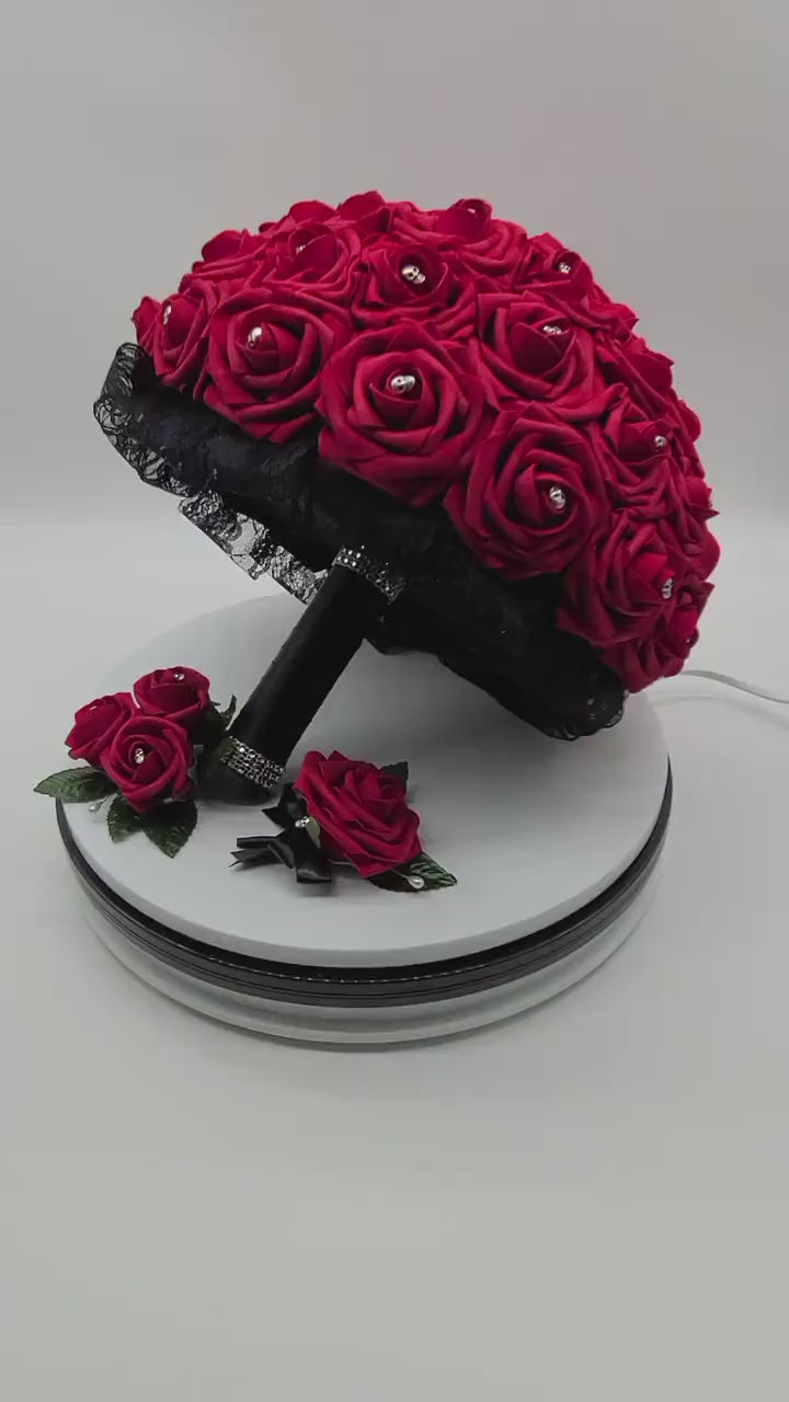 Gothic Skull Red and Black Boutonniere and Corsages, Corsages Available in pin on and wrist, Matching Bouquets Available-Halloween Wedding
