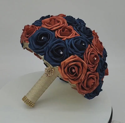 Burnt orange and Navy Wedding Bouquet Made With Real Touch Roses, Bridal Bouquet, Bridesmaid Bouquet and Matching Boutonnieres and Corsages