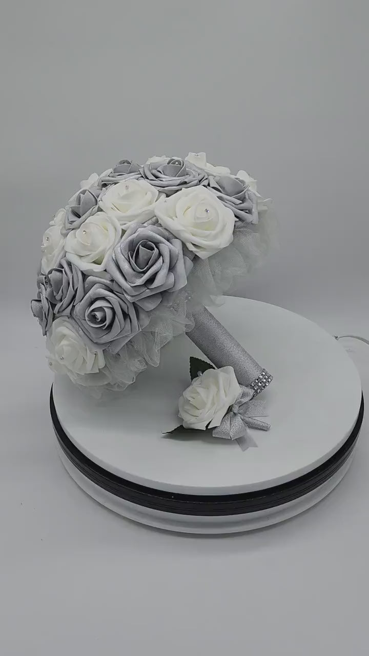 White and Silver Wedding Bouquet Made With Real Touch Roses, Bridal Bouquet, Bridesmaid Bouquet and Matching Boutonnieres and Corsages