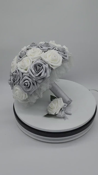 White and Silver Wedding Bouquet Made With Real Touch Roses, Bridal Bouquet, Bridesmaid Bouquet and Matching Boutonnieres and Corsages