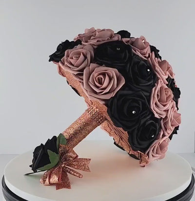 Dusty Rose and Black Wedding Bouquet-Modern Romantic Bridal- Rose Gold Ribbon-Custom Colors-Matching Boutonnieres & Corsages