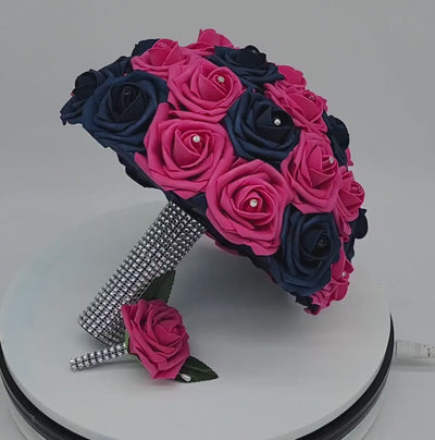 Hot Pink and Navy Blue Wedding Bouquet-Real Touch Roses-Modern Glam Bridal-Rhinestone Handle-Prom & Quinceañera