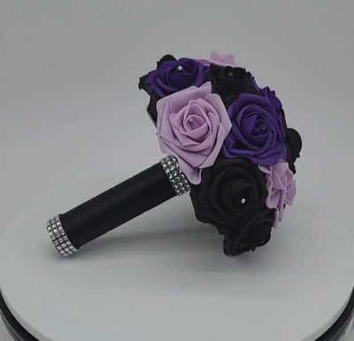Purple, Lilac and Black Bridal Bouquet | Real Touch Roses | Black Ribbon and Bling Handle