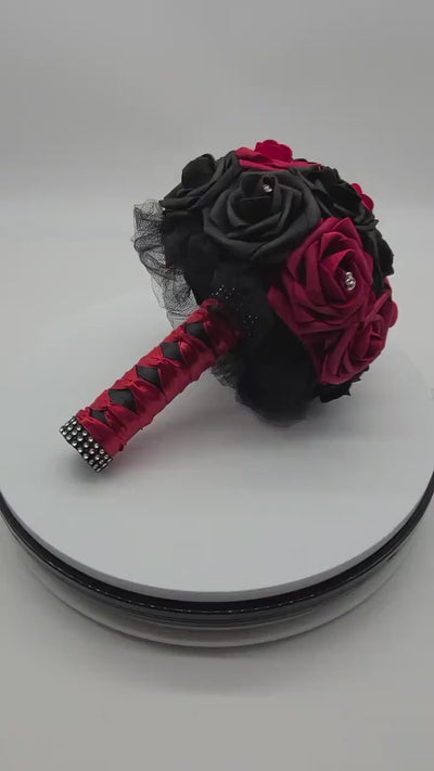 Gothic Skull Red and Black Wedding Bouquet,Bridal Bouquet, Bridesmaid Bouquet, Matching Corsages and Boutonnieres, Halloween Wedding