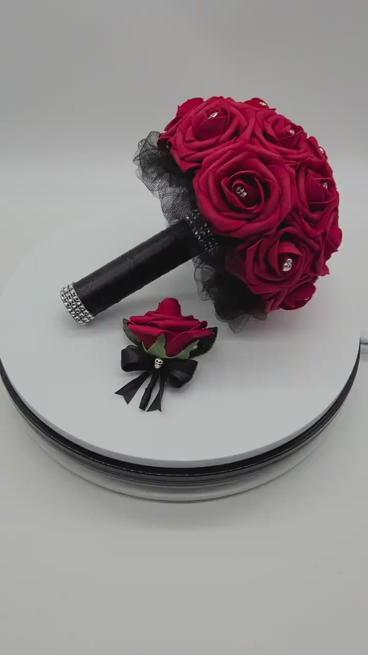 Gothic Skull Red And Black Wedding Bouquet, Bridal Bouquet, Bridesmaid Bouquet, Matching Corsages and Boutonnieres, Halloween Bouquet