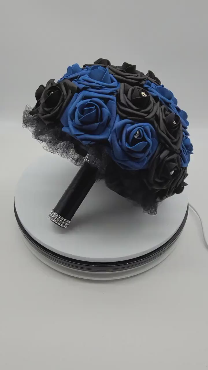 Gothic Skull Royal Blue And Black Wedding Bouquet, Bridal Bouquet, Bridesmaid Bouquet, Matching Corsages and Boutonnieres, Halloween Wedding