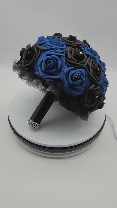 Gothic Skull Royal Blue And Black Wedding Bouquet, Bridal Bouquet, Bridesmaid Bouquet, Matching Corsages and Boutonnieres, Halloween Wedding