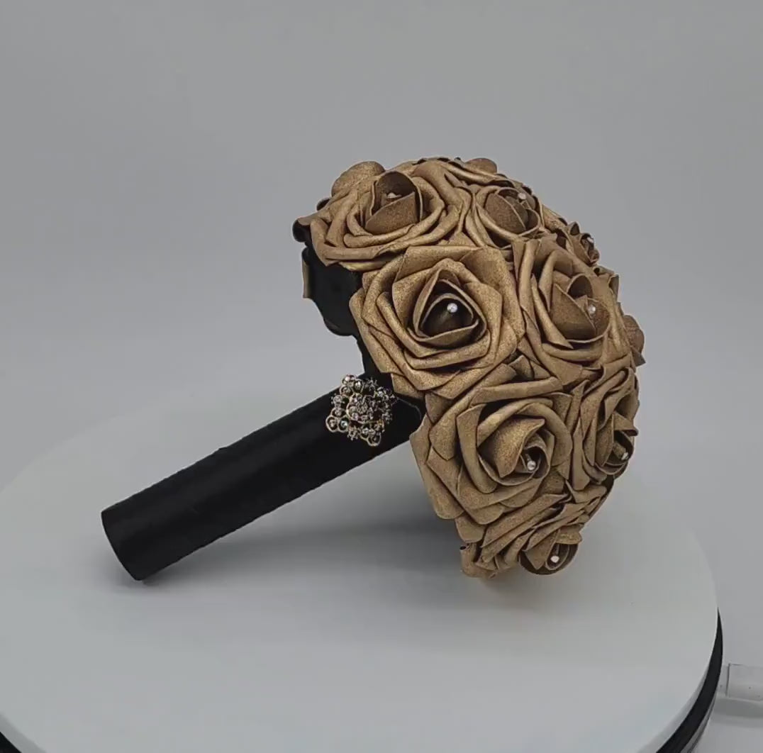 Gold and Black  Wedding Bouquet Made With Real Touch Roses, Bridal Bouquet, Bridesmaid Bouquet and Matching Boutonnieres and Corsages