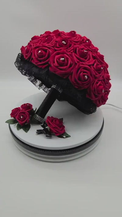 Gothic Skull Red and Black Wedding Bouquet, Bridal Bouquet, Bridesmaid Bouquet, Matching Boutonnieres And Corsages, Halloween Wedding
